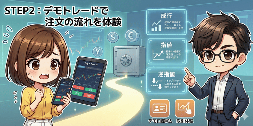 「FX勉強ロードマップのSTEP2を説明するイラスト。黄色い服の女性キャラクターがスマホとタブレットのデモトレード画面を手に持ち、スーツ姿の男性キャラクターが、成行・指値・逆指値など注文の種類やデモ口座開設・取引体験を案内している。