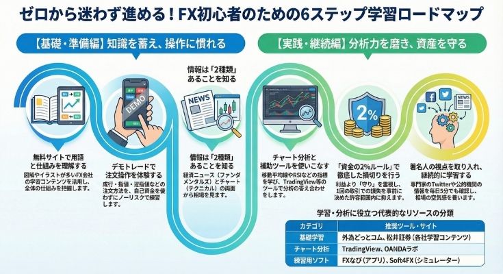 ゼロから迷わず進めるFX学習の6ステップ。基礎準備から実践までの流れと、TradingViewや松井証券など学習・分析に役立つ推奨ツール一覧